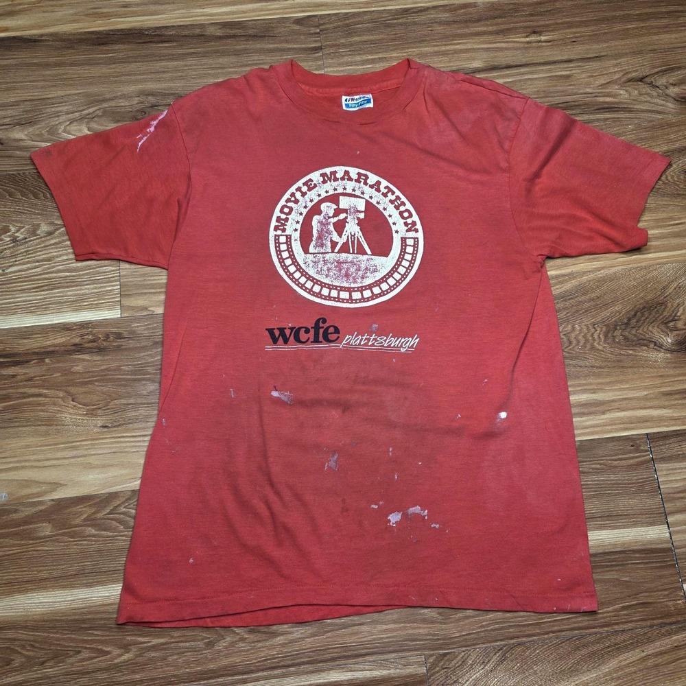 Thrashed Vtg Movie Marathon WCFE Shirt Large Red Hanes Fifty-Fifty Plattsburgh